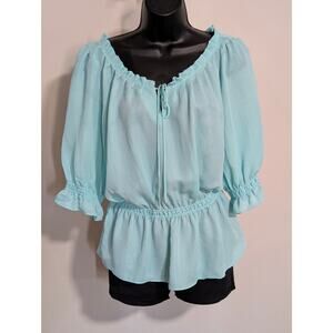 Willi Smith Light Blue Ruffled Peasant Blouse Peplum Top 3/4 Sleeve Medium